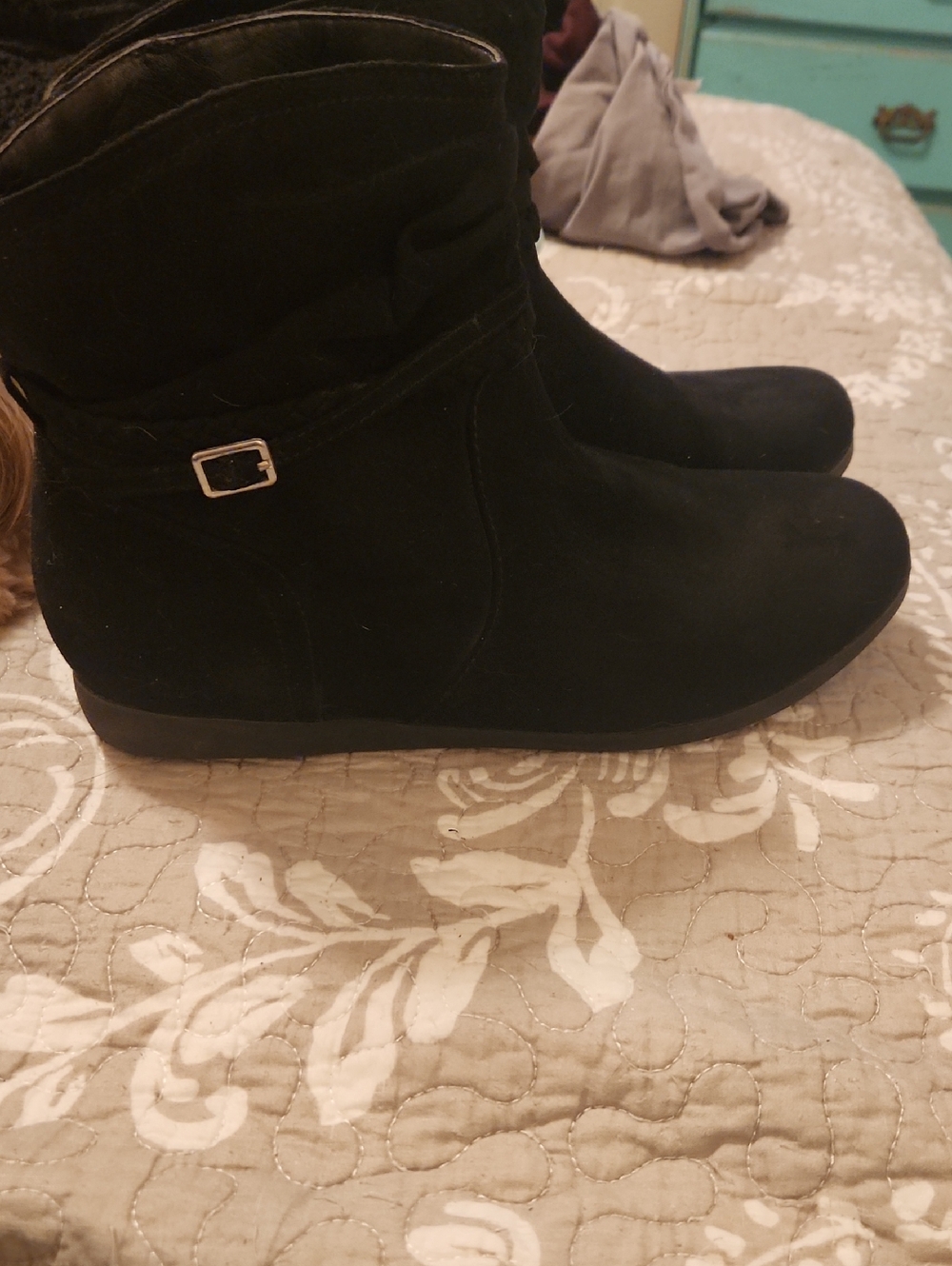 St Johns Bay Black Suede Ankle Booties with Side Strap